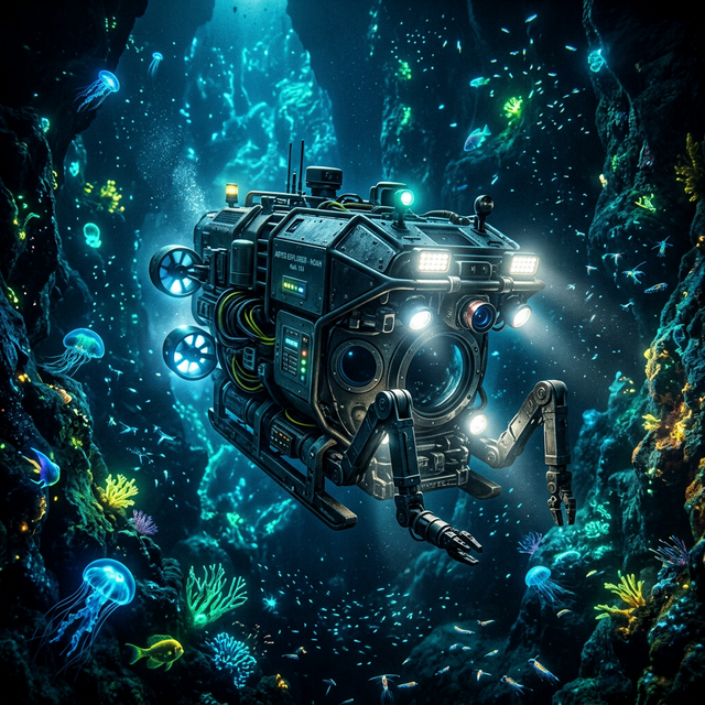 A high-tech underwater laboratory on the ocean floor with glass domes showing coral reefs and schools of fish, cinematic perspective, no humans, no women.